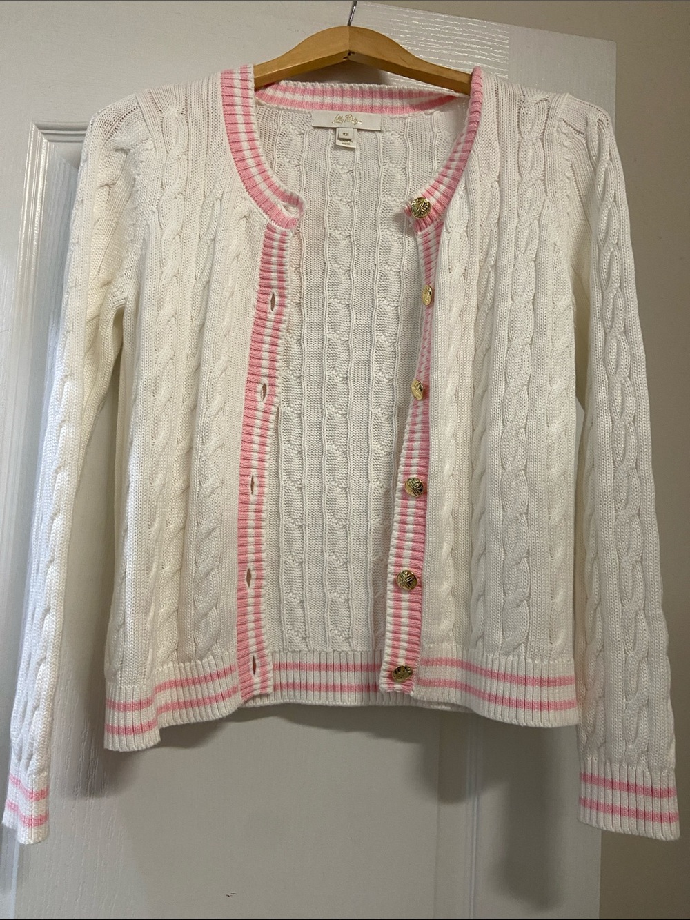 Lilly Pulitzer White Cable Knit Cardigan with Pink Trim and Gold Buttons